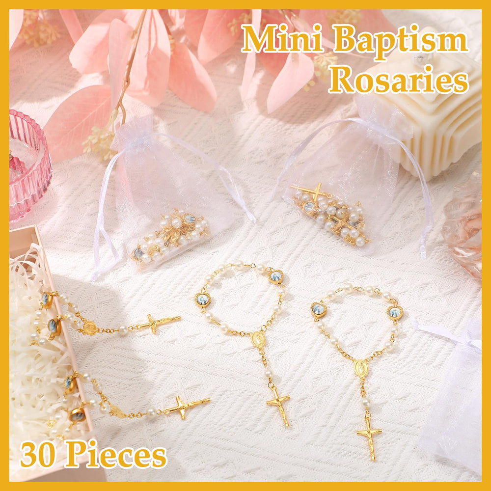 Misdary rosary length 4.5 inches, durable faux pearls and secure clasp.