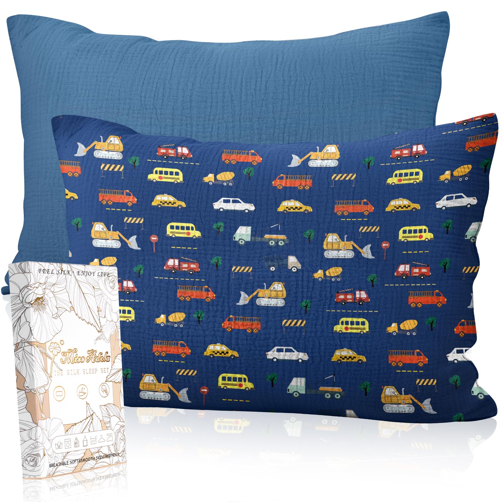 Miss Adola pillowcase set folded shows 13x18 size for crib or toddler bed comfort