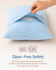 Miss Adola toddler pillowcase envelope closure close-up shows safe, zipper-free design.