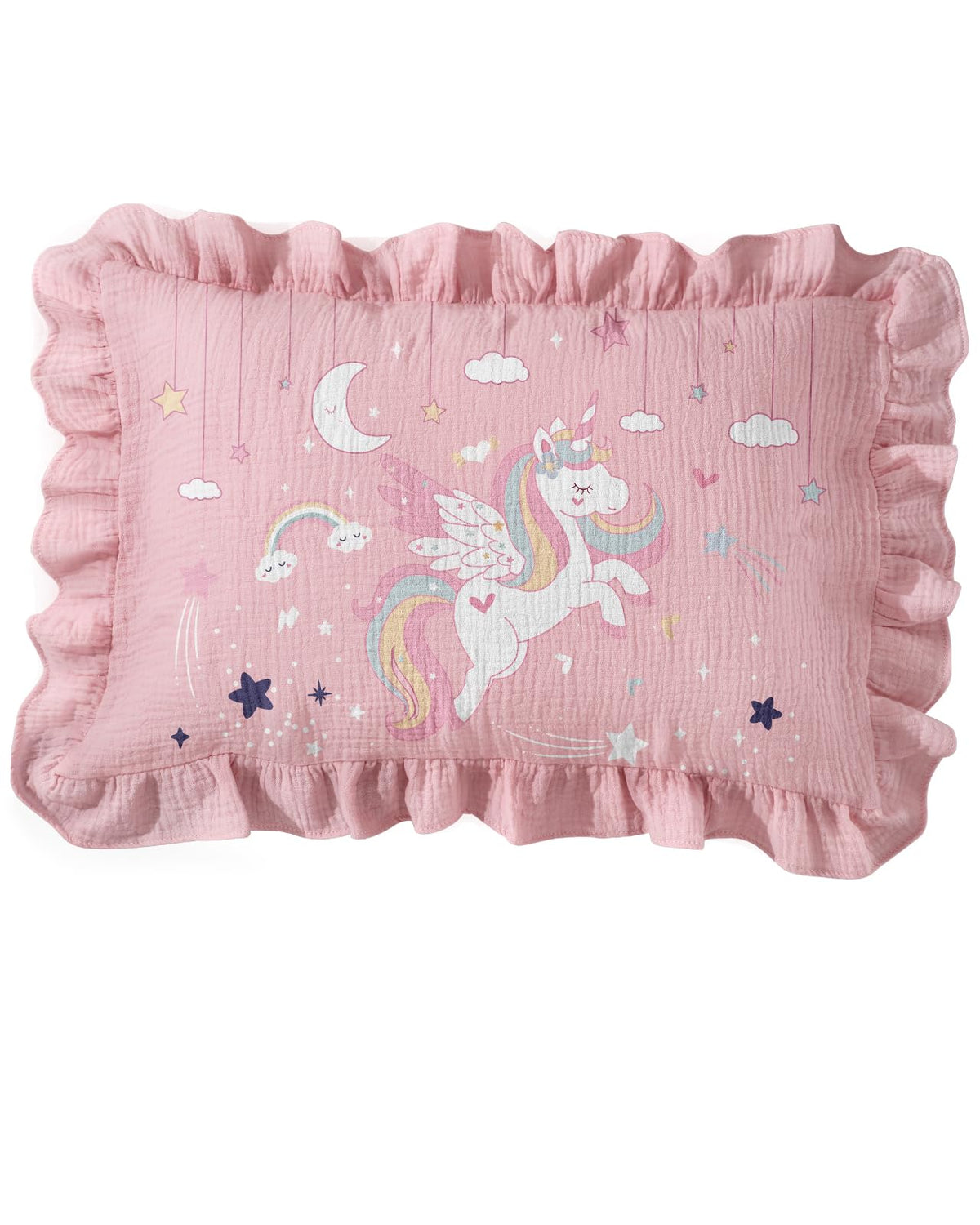 Miss Adola unicorn ruffled pillowcase on soft muslin for cozy sleep
