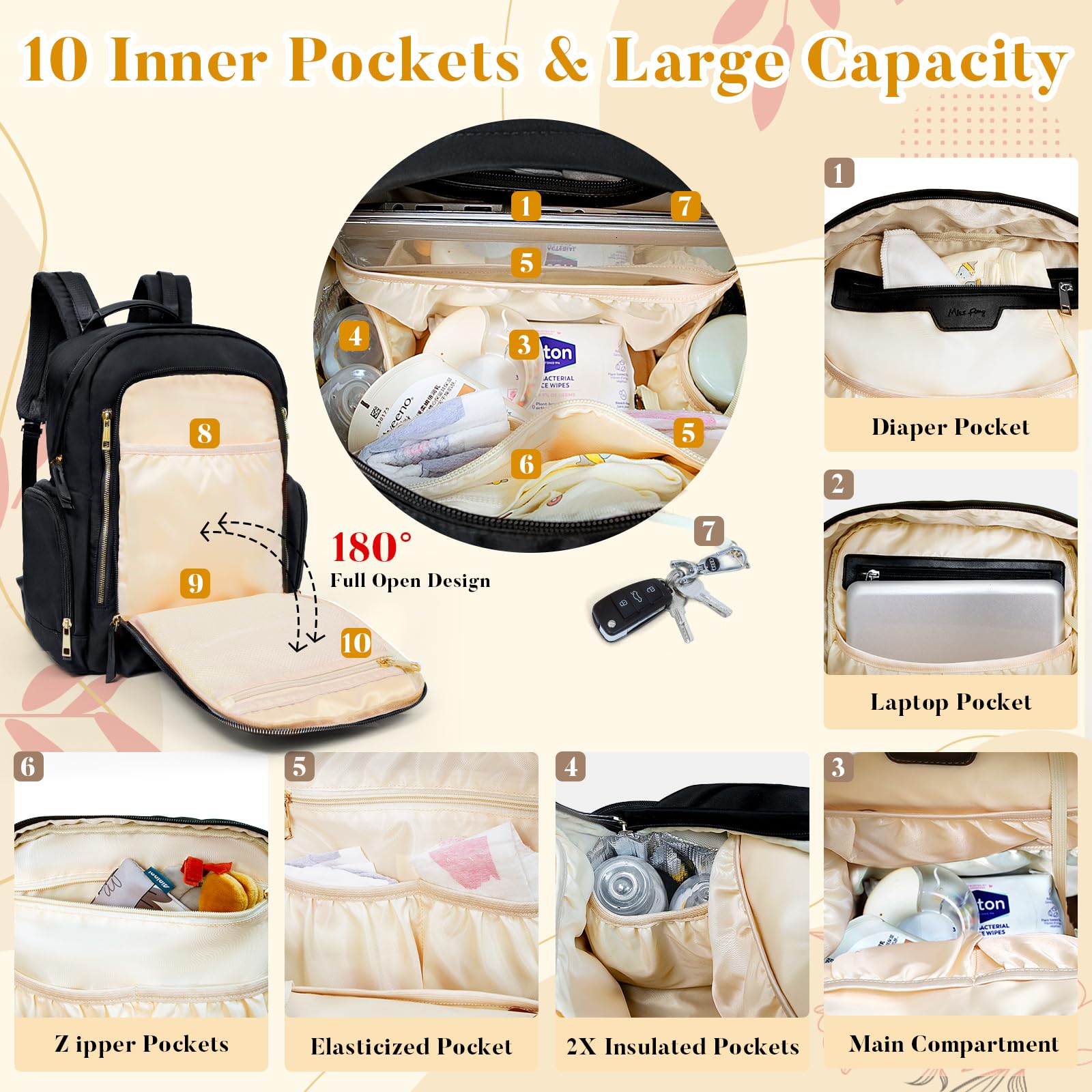 Miss Fong diaper bag dispenser attached for quick disposal bag access.