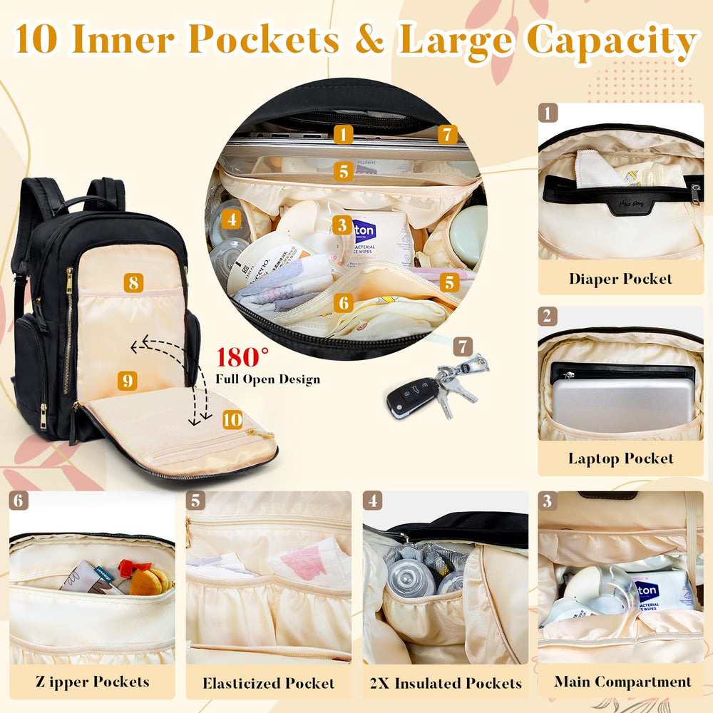 Miss Fong diaper bag dispenser attached for quick disposal bag access.