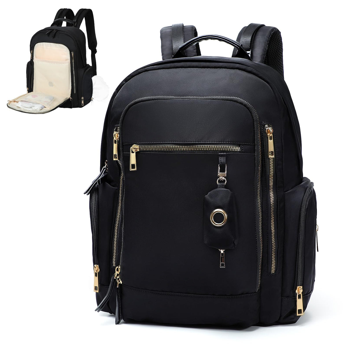 Miss Fong diaper backpack front view highlights unisex design for organized on-the-go parenting.