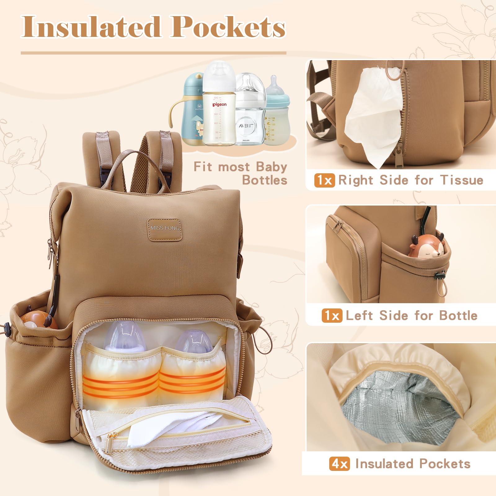 Miss Fong diaper bag backpack 12 pockets organize diapers, bottles, and wipes efficiently.