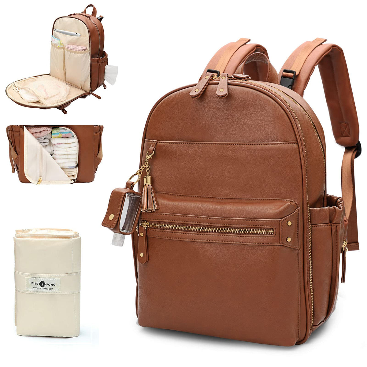 miss fong diaper bag backpack exterior leather texture, premium style for busy, on-the-go parents.