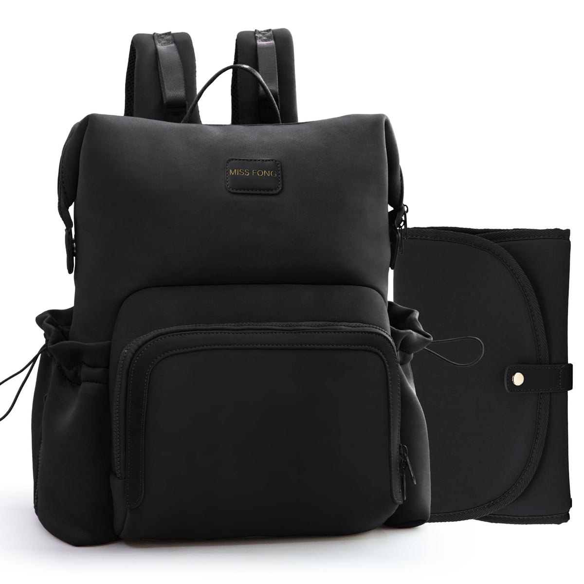Miss Fong diaper bag backpack front pocket enables one-handed access.