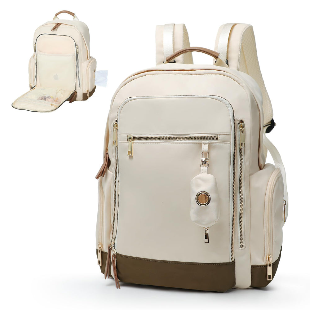 Miss Fong diaper bag backpack front view shows roomy pockets for quick access