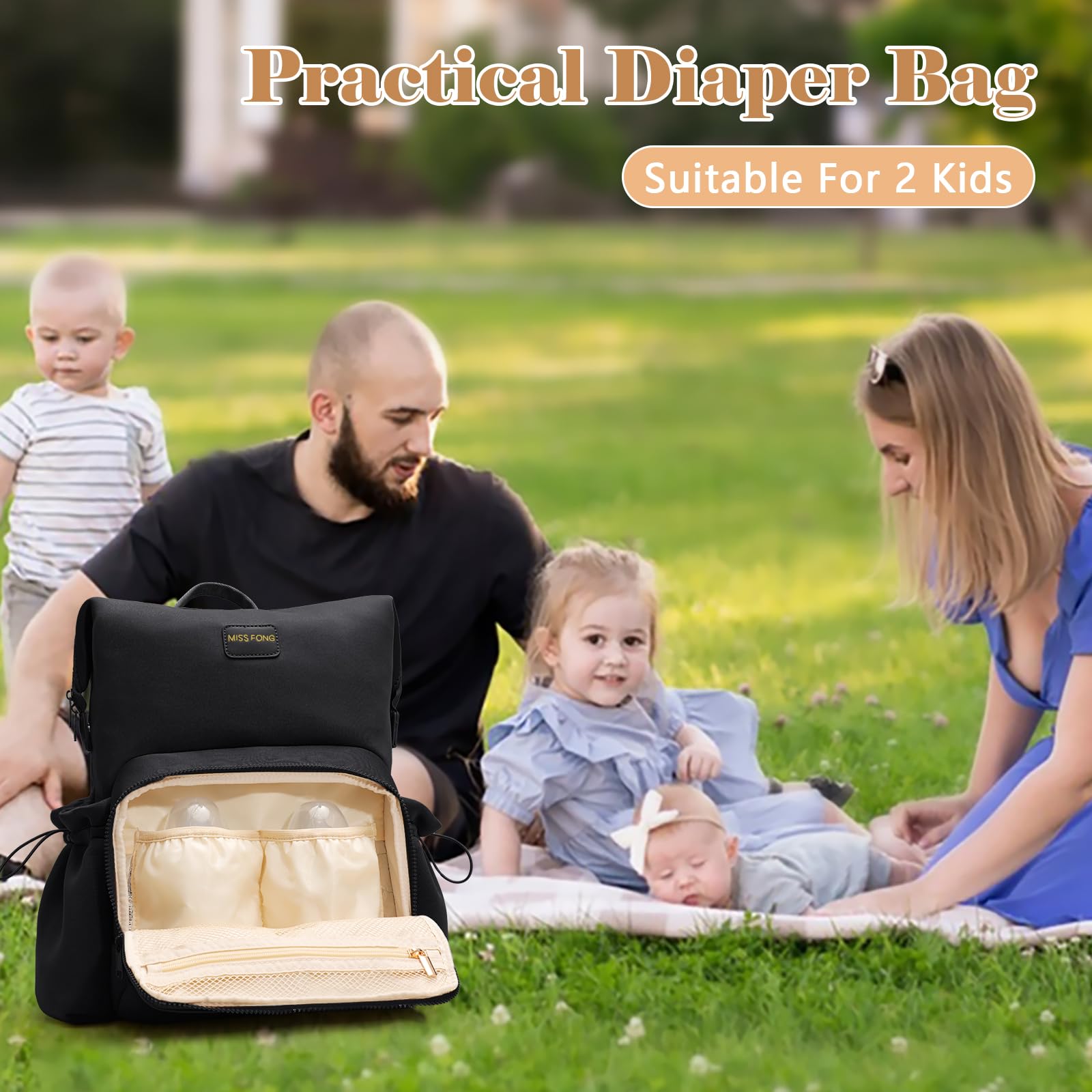 Miss Fong diaper bag backpack in use shows spacious organization for two kids.
