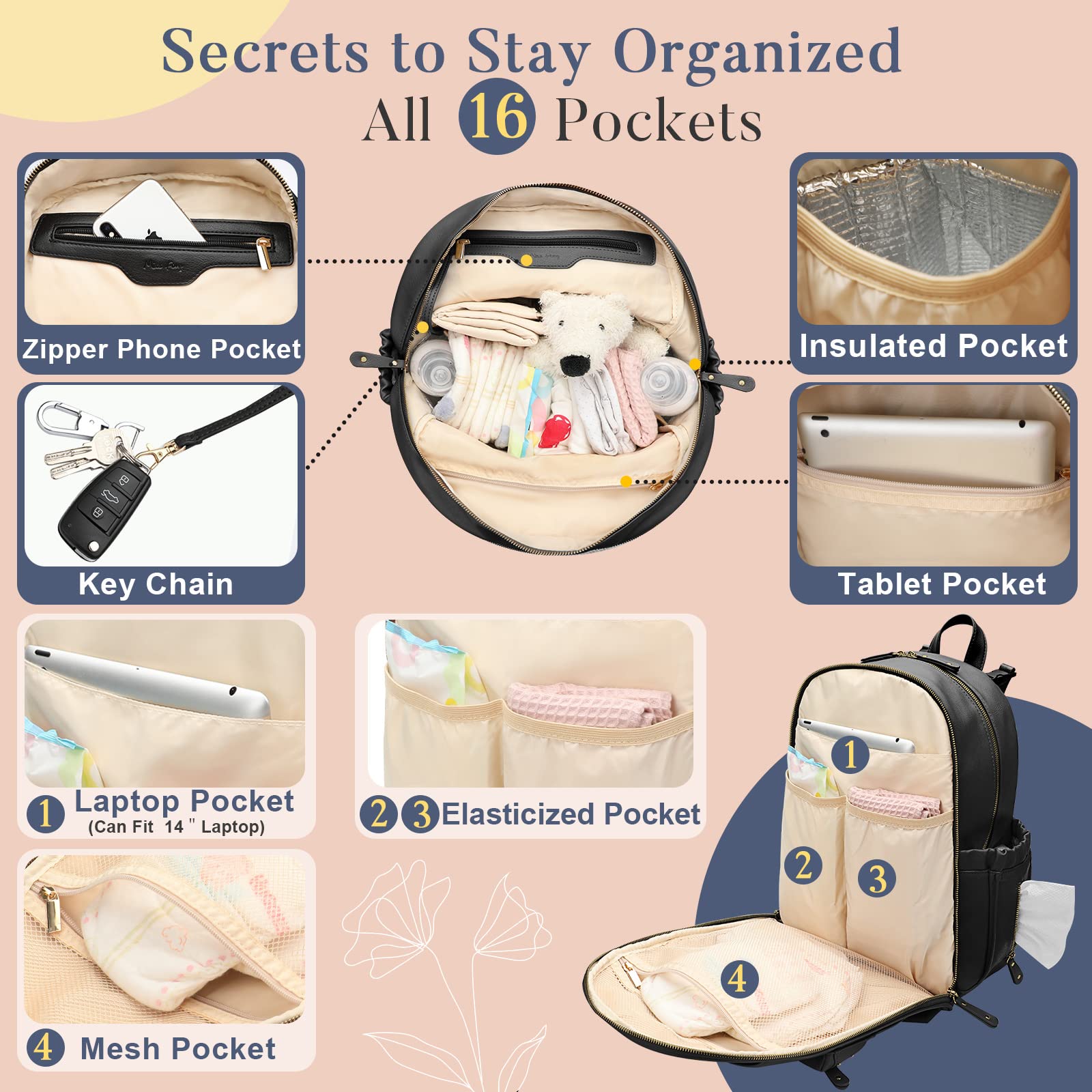 Miss Fong diaper bag insulated bottle pockets keep drinks warm on outings.