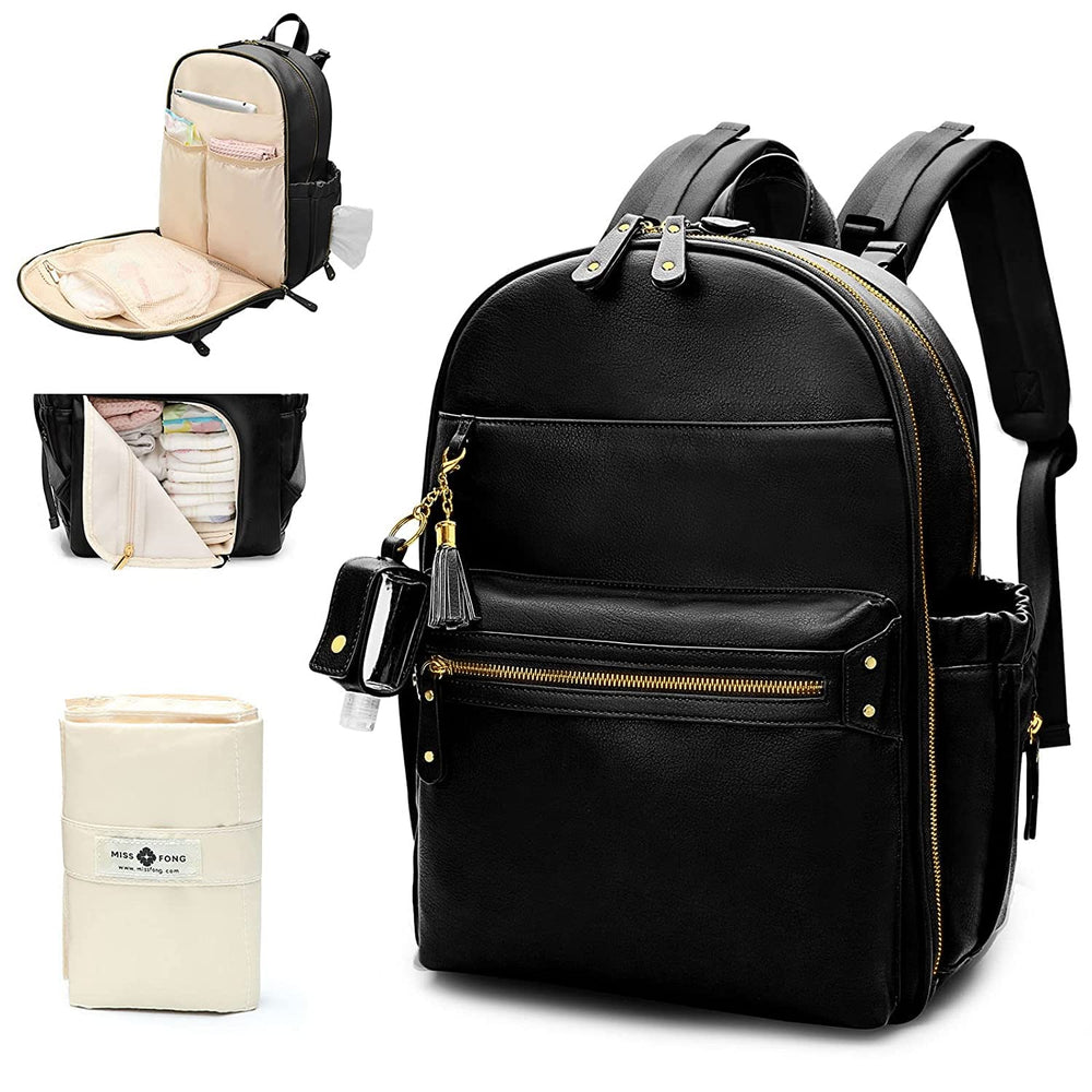 Miss Fong diaper bag backpack leather outer view shows durable eco PU material.
