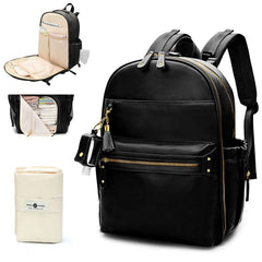 Miss Fong diaper bag backpack leather outer view shows durable eco PU material.