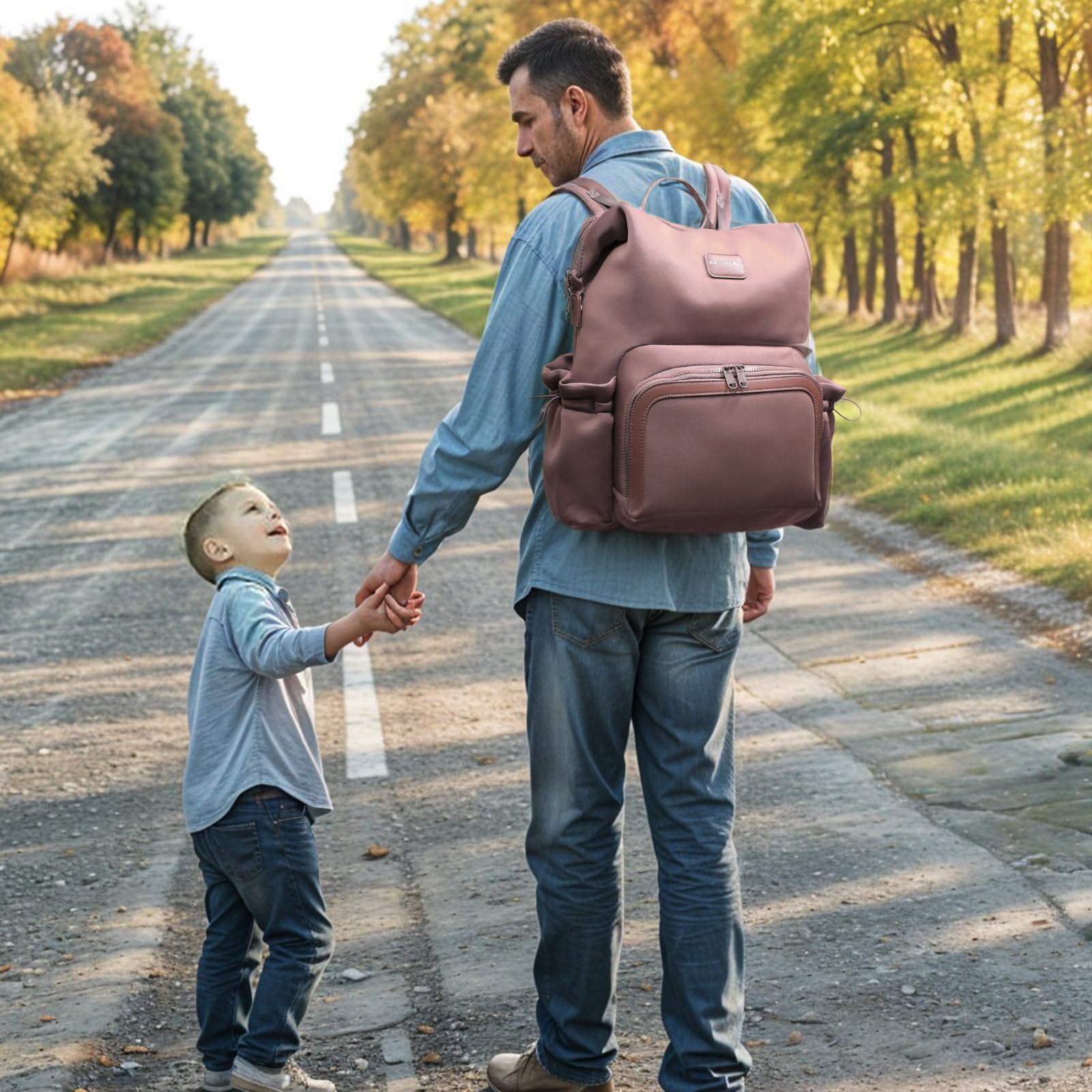 Miss Fong mauve diaper bag backpack reflects modern mom style and practical functionality