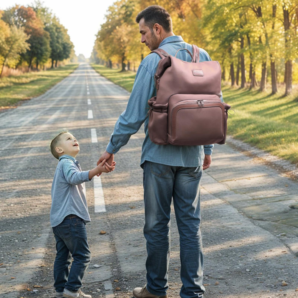 Miss Fong mauve diaper bag backpack reflects modern mom style and practical functionality