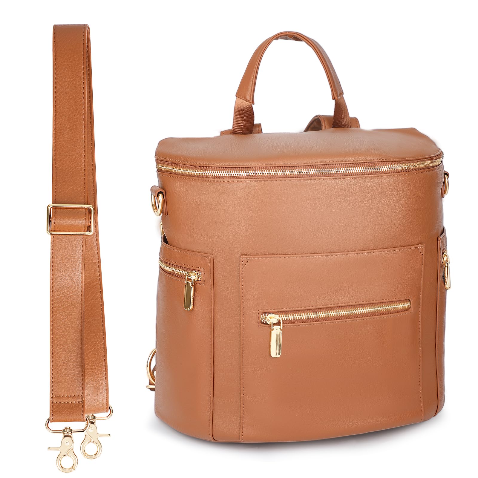 miss fong diaper bag backpack outside view highlights cognac leather for everyday travel