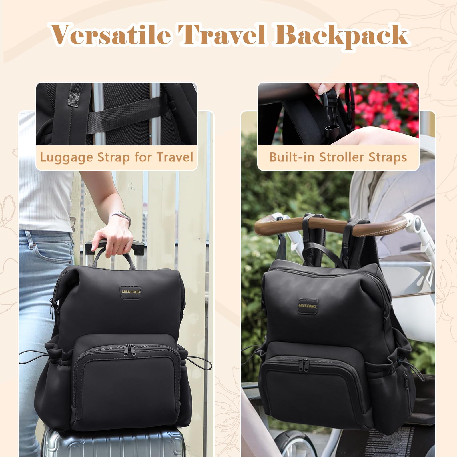 Miss Fong diaper bag backpack stroller buckles attach securely to a stroller.