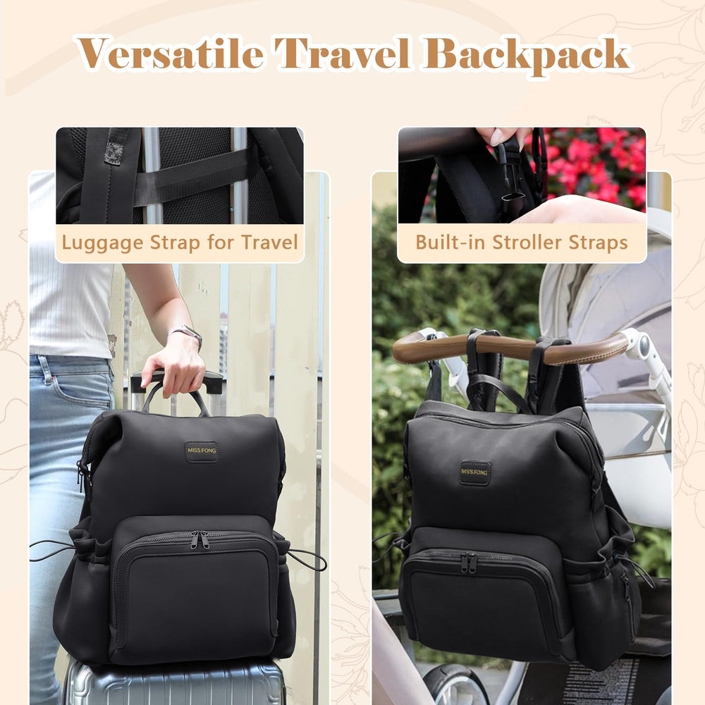 Miss Fong diaper bag backpack stroller buckles attach securely to a stroller.