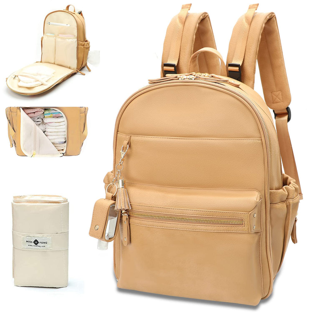 Miss Fong Leather Diaper Bag Peanut front view shows organized compartments for on-the-go parenting.