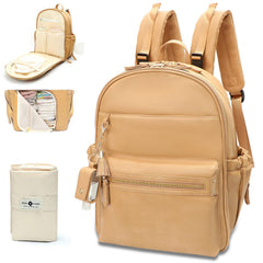 Miss Fong Leather Diaper Bag Peanut front view shows organized compartments for on-the-go parenting.
