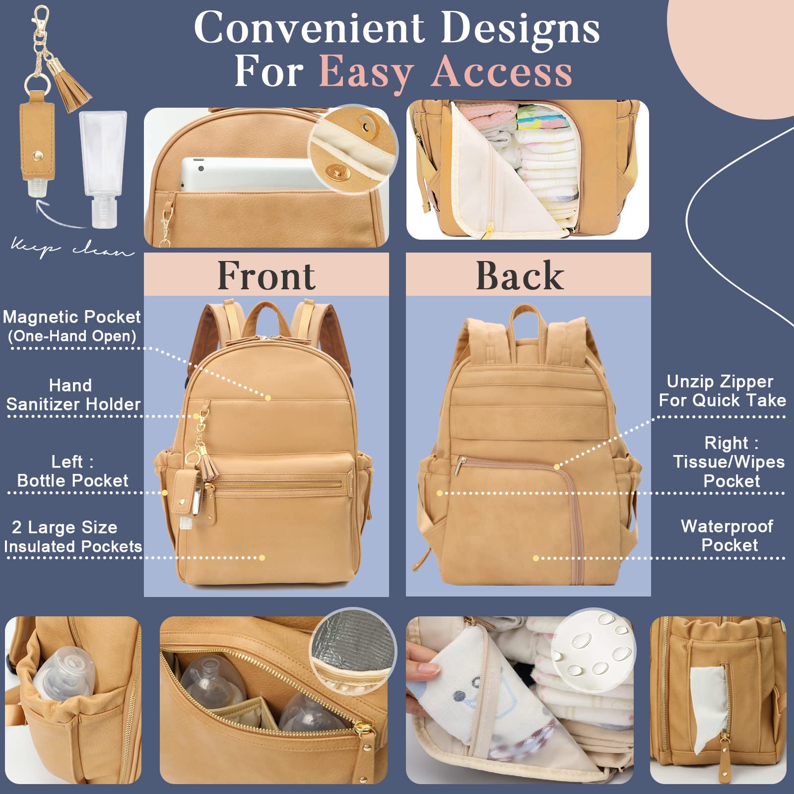 Miss Fong Leather Diaper Bag Peanut insulated bottle pockets keep bottles warm during outings.