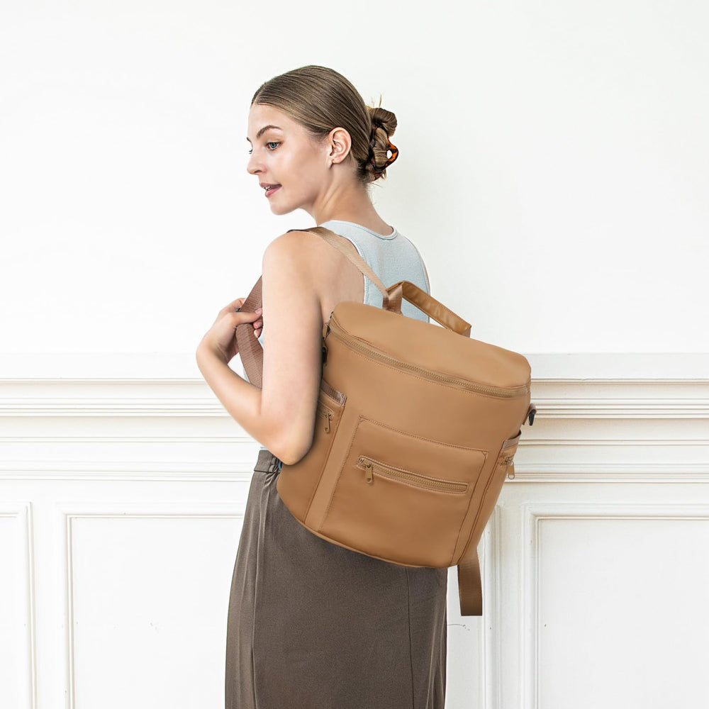 Miss Fong neoprene diaper bag brown color showcases modern neutral styling