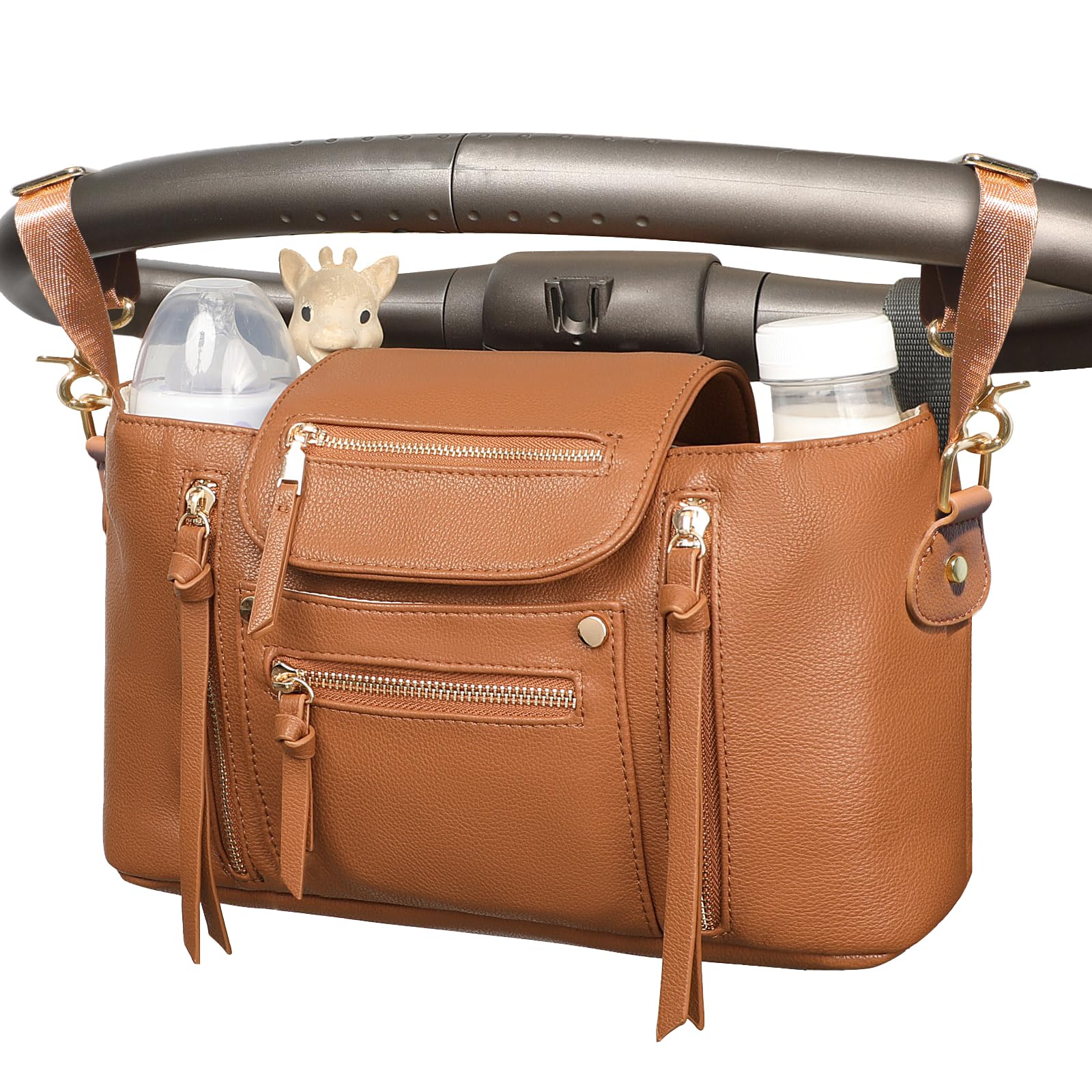 Miss Fong 18K gold hardware adds a luxurious touch to stroller organization.