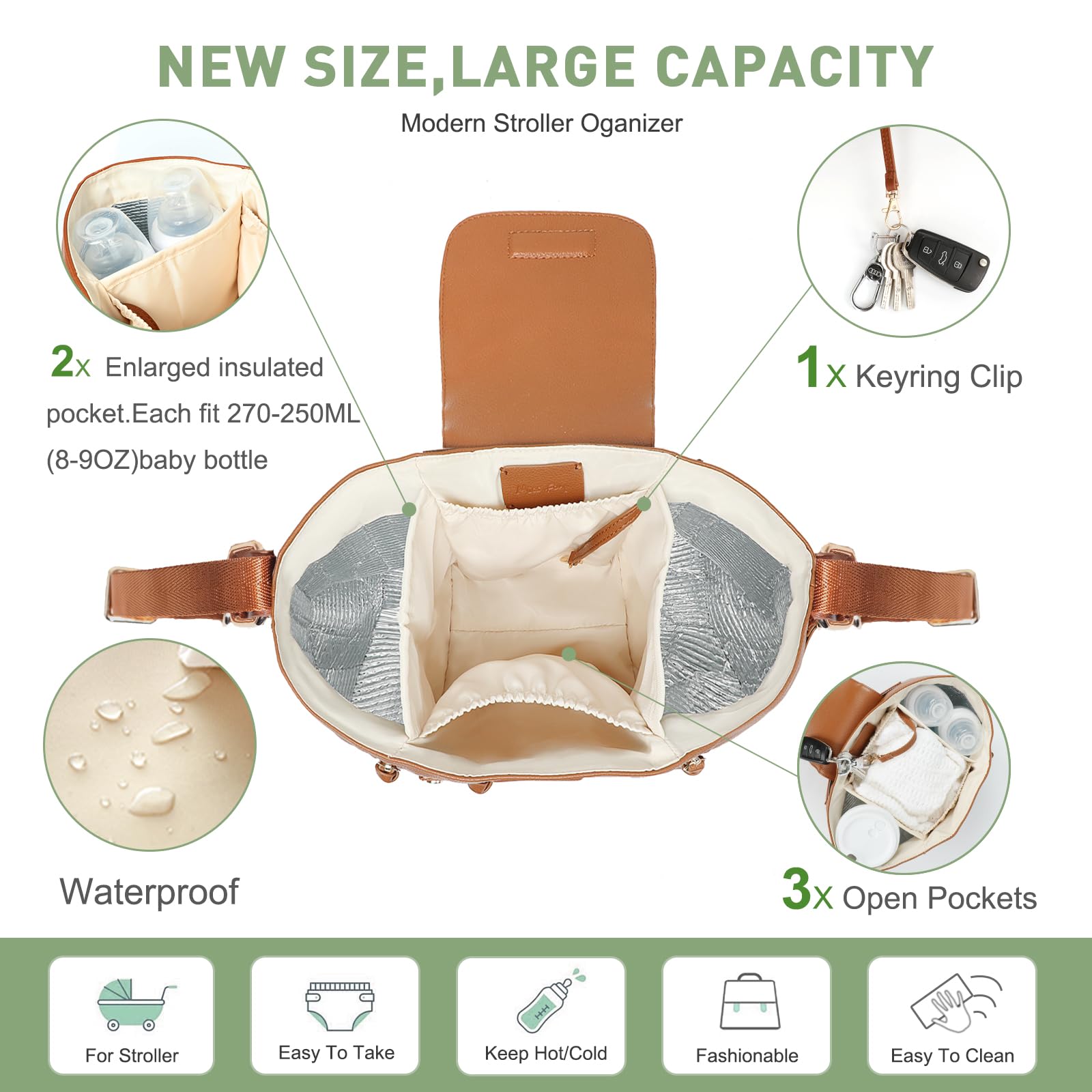 Miss Fong insulated bottle pockets keep beverages cool during stroller outings.