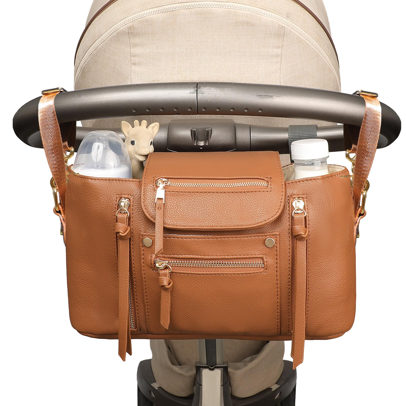 Miss Fong universal stroller organizer with cup holder keeps drinks within reach on strolls.