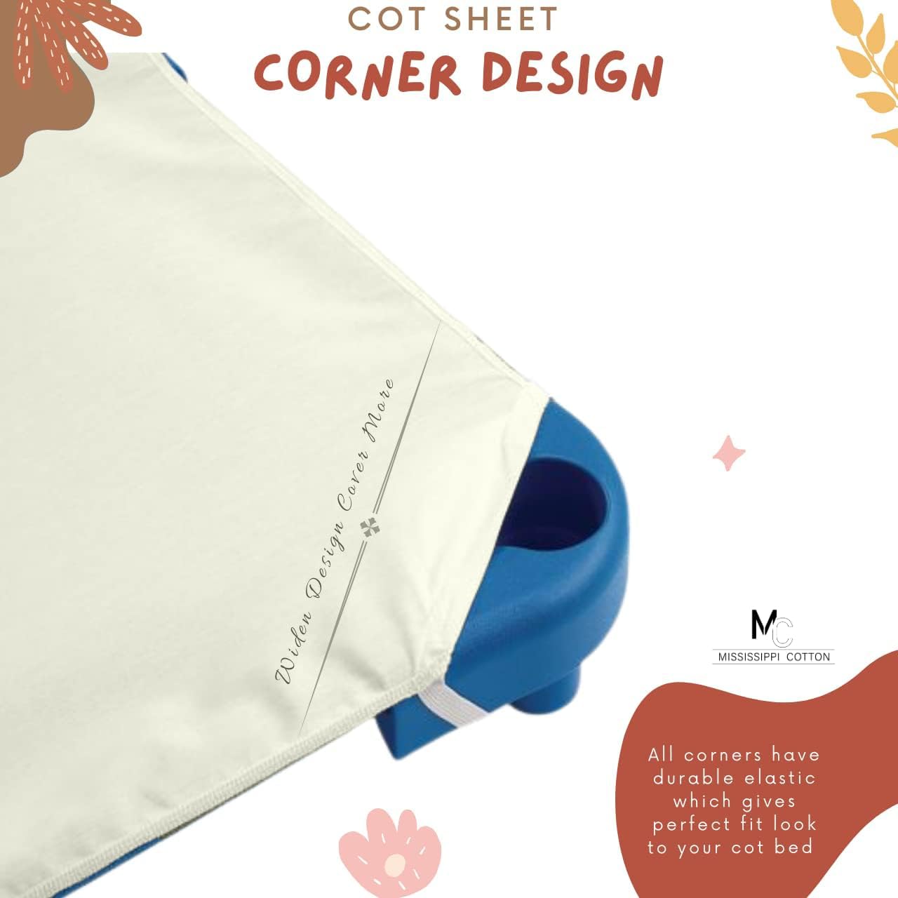 Corner elastic straps on Mississippi Cotton cot sheet—secure fit in use