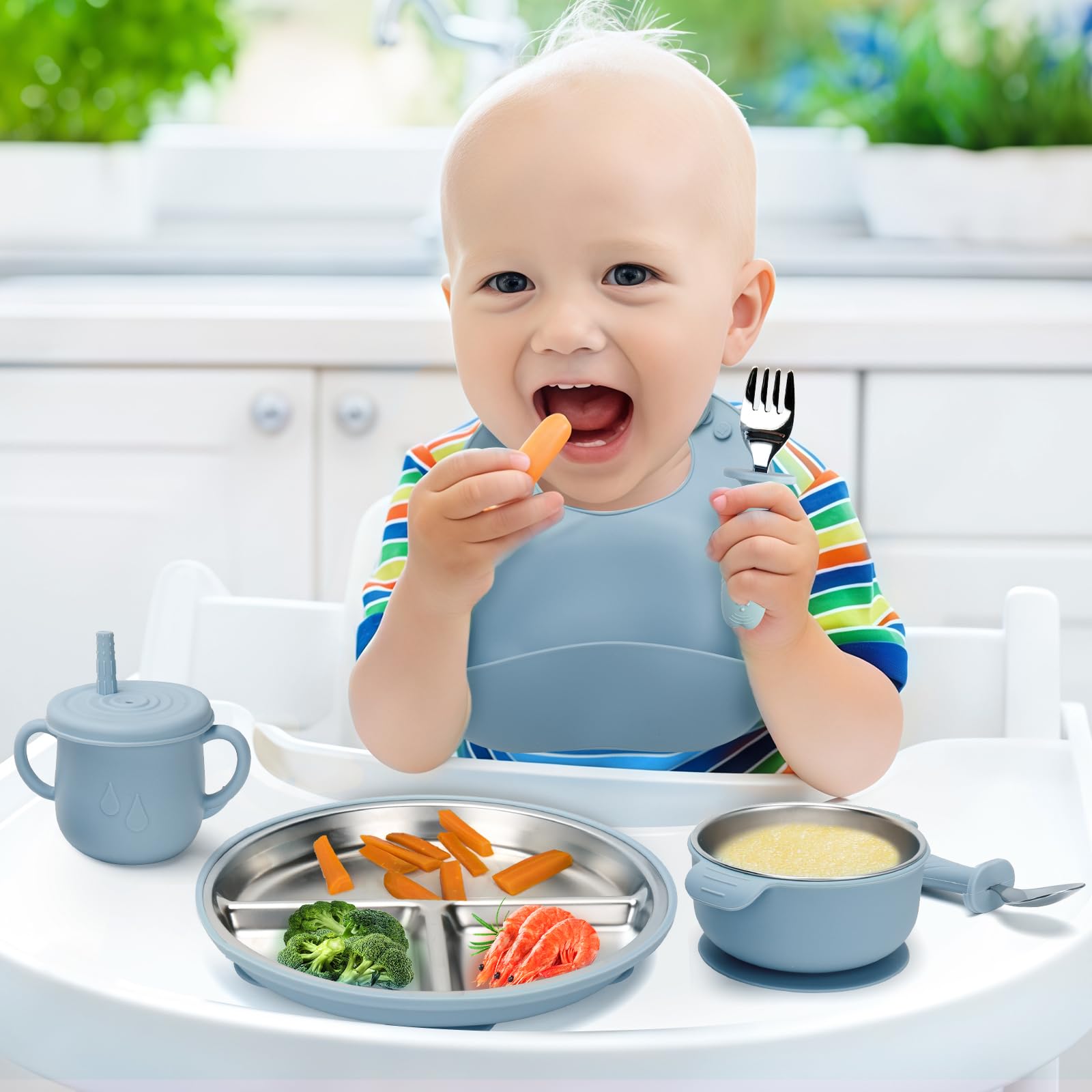 Misslili comprehensive baby feeding set in blue supports family mealtime routines