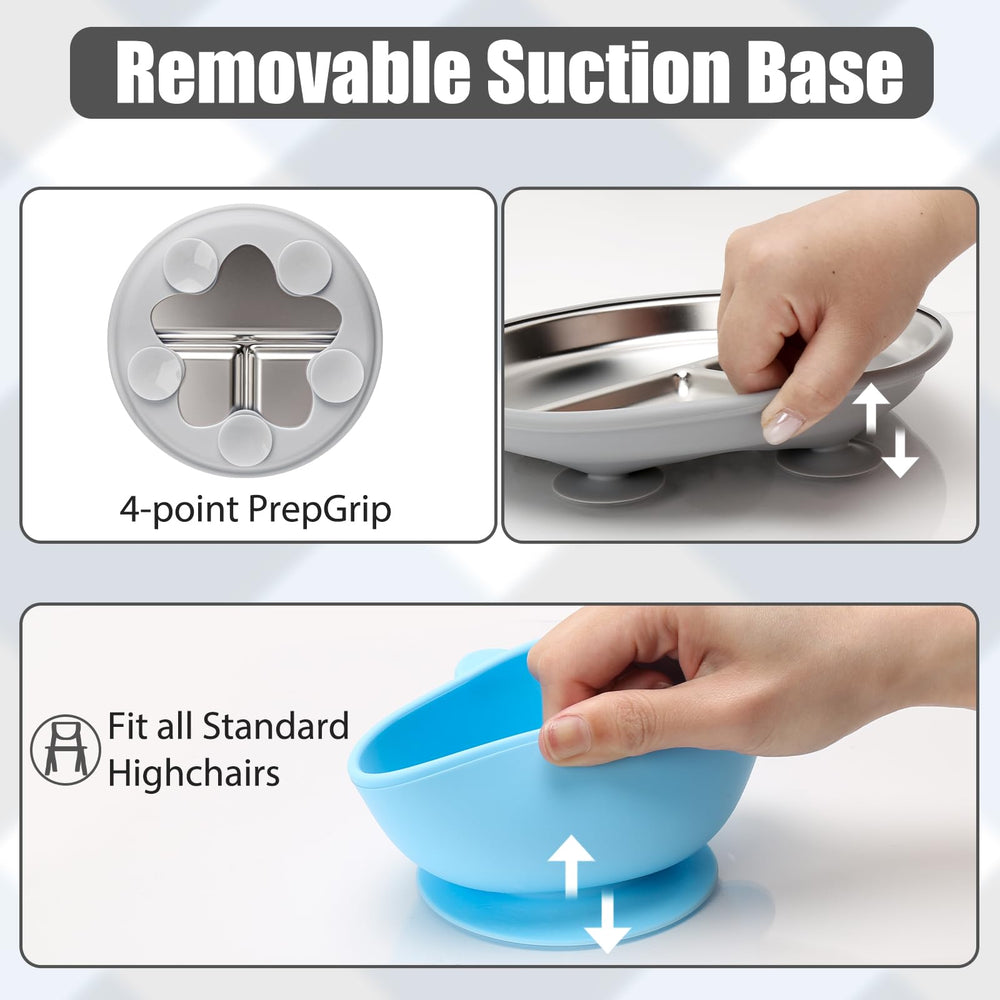 Misslili removable silicone suction base enables flexible use as child grows.