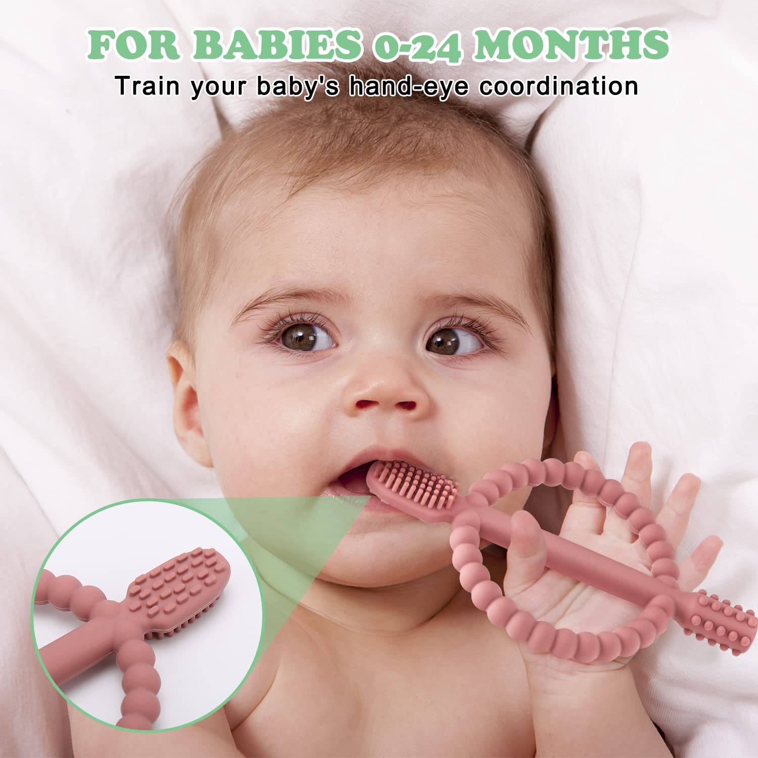 MISSLILI silicone infant toothbrush with textured sides for gum massage.