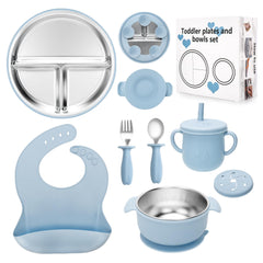 Misslili stainless steel kids plates and bowls with suction blue-hero for tidy meals