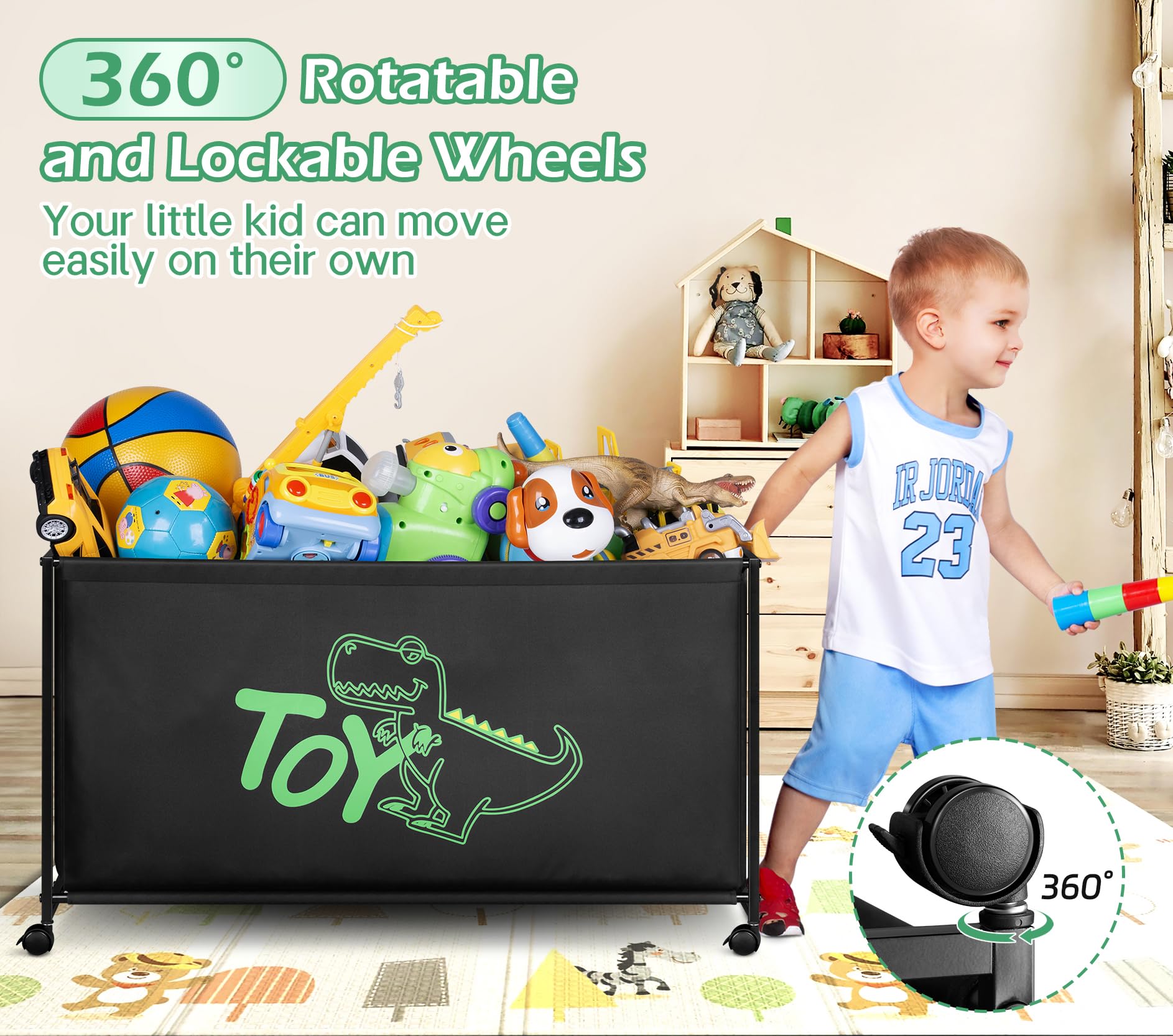 MISSLO toy box with 360-degree wheels for easy cleanup.