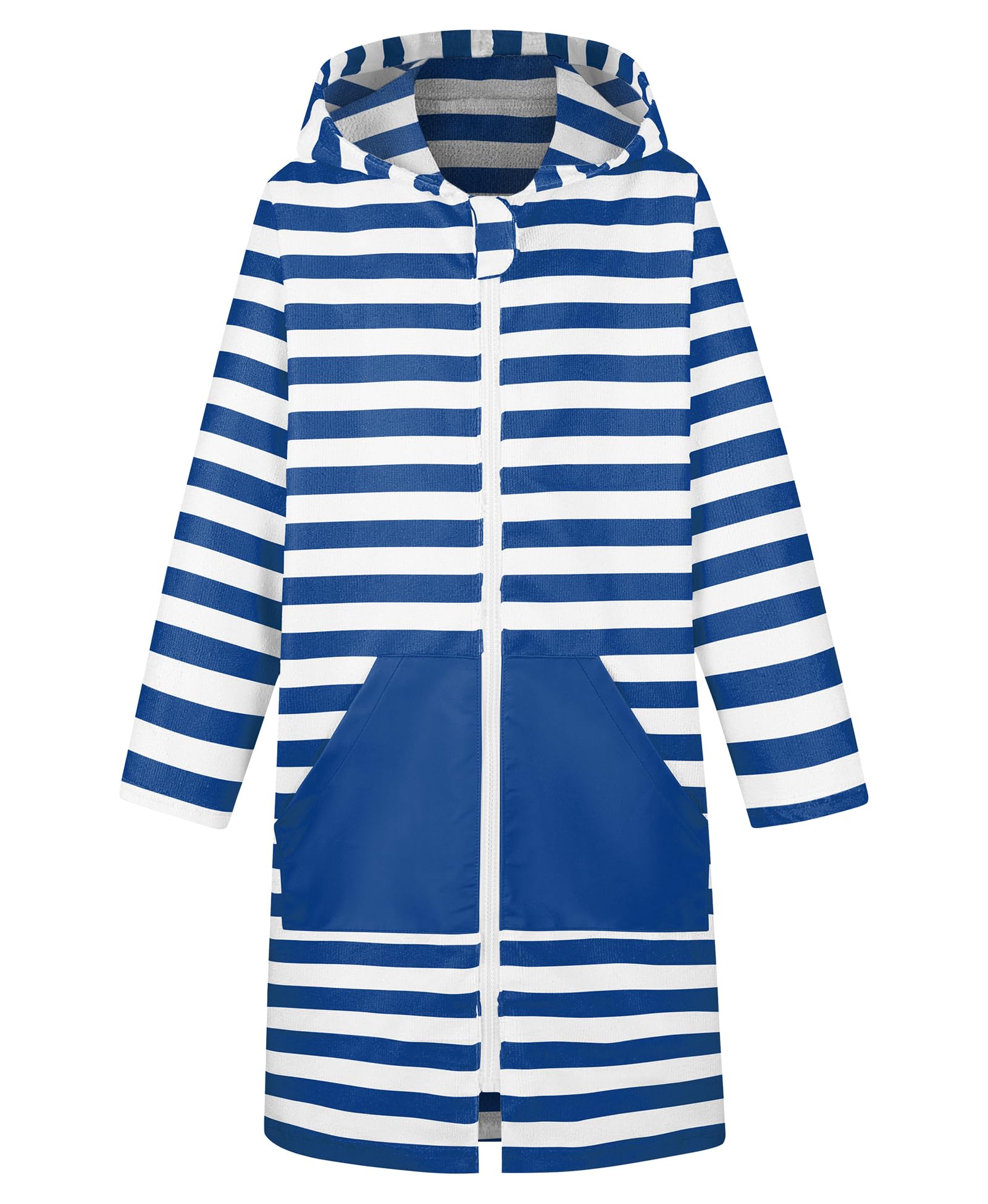 MissShorthair hooded towel-poncho zipper enables easy on/off after swim.