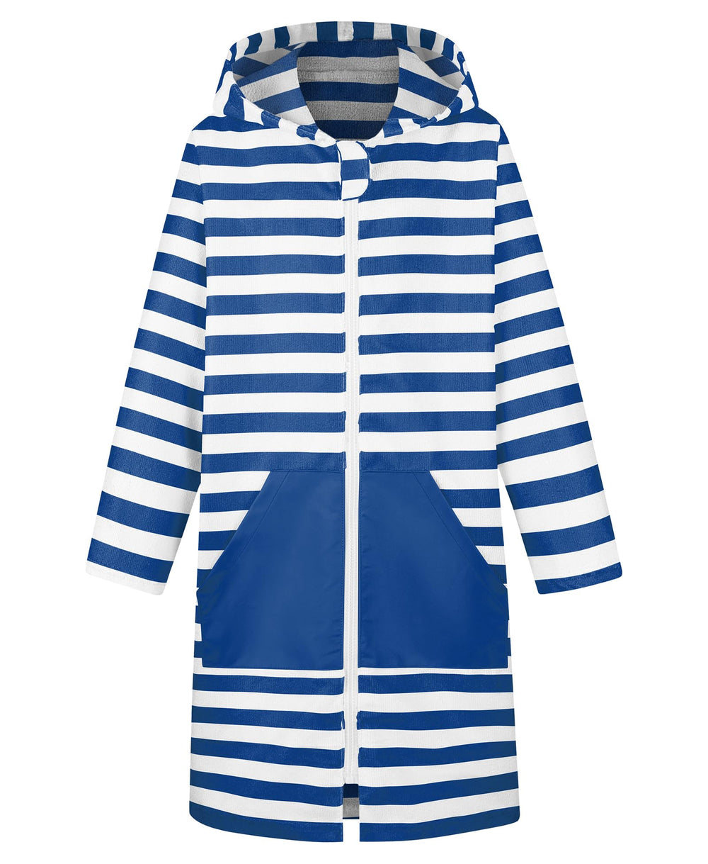 MissShorthair hooded towel-poncho zipper enables easy on/off after swim.