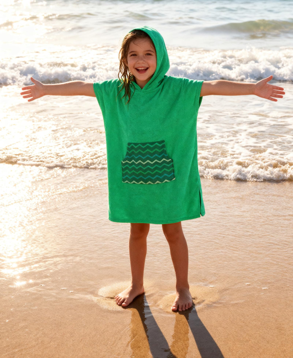 MissShorthair kids changing poncho at poolside, privacy and easy changes.