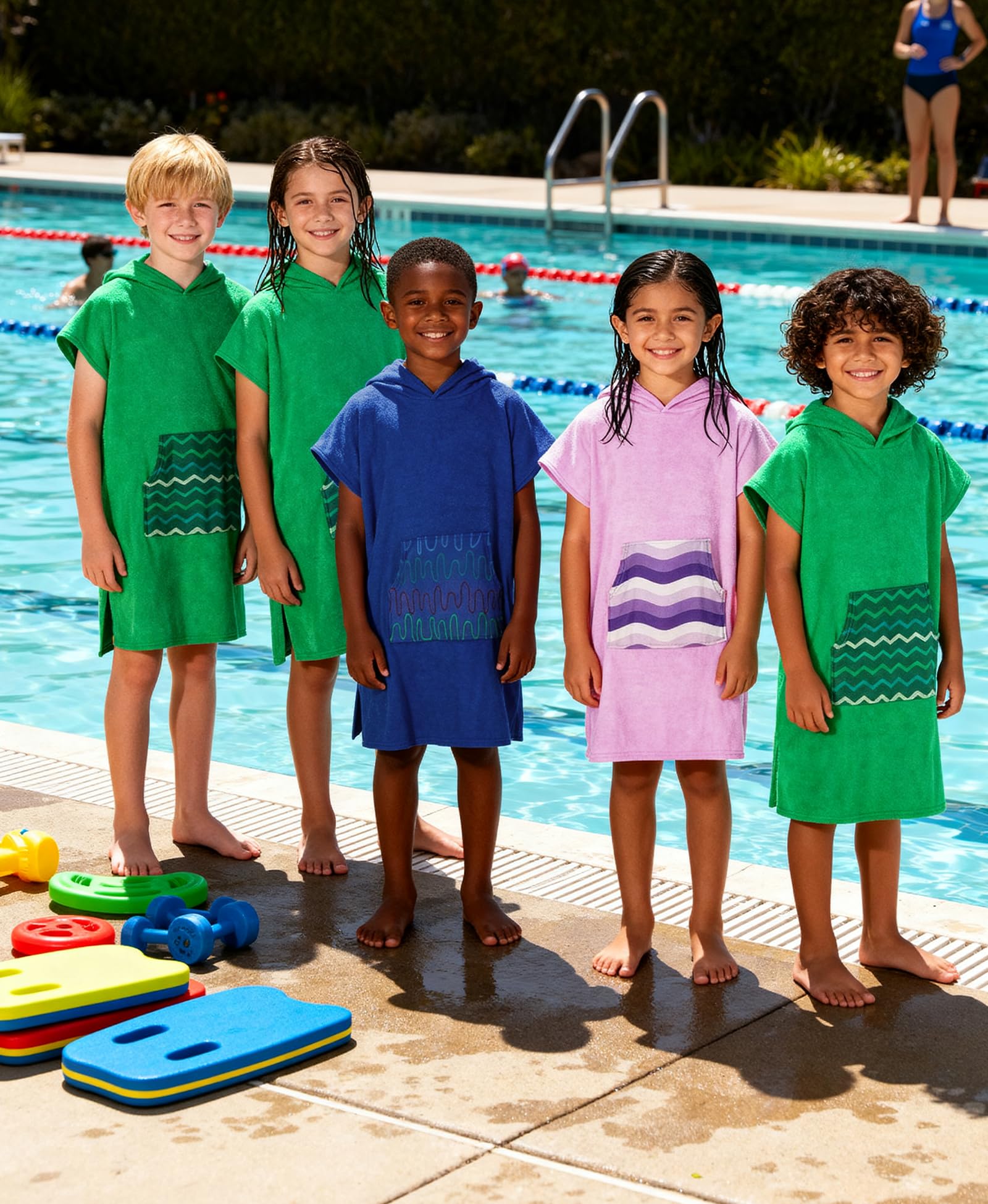 MissShorthair kids hooded towel poncho beach scene demonstrates easy outdoor changing and privacy.