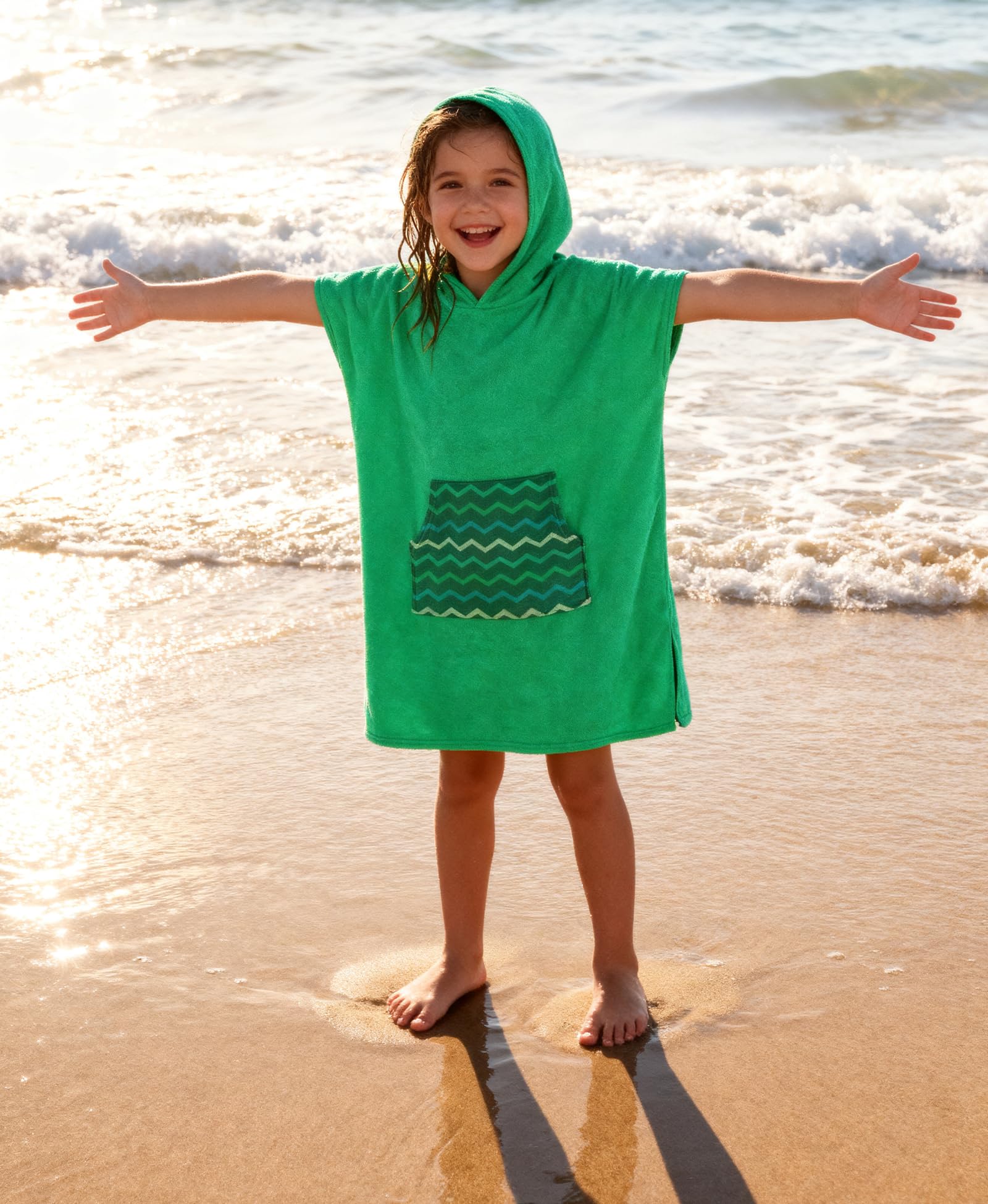 MissShorthair kids hooded towel poncho green color swatch conveys playful beach-ready style.