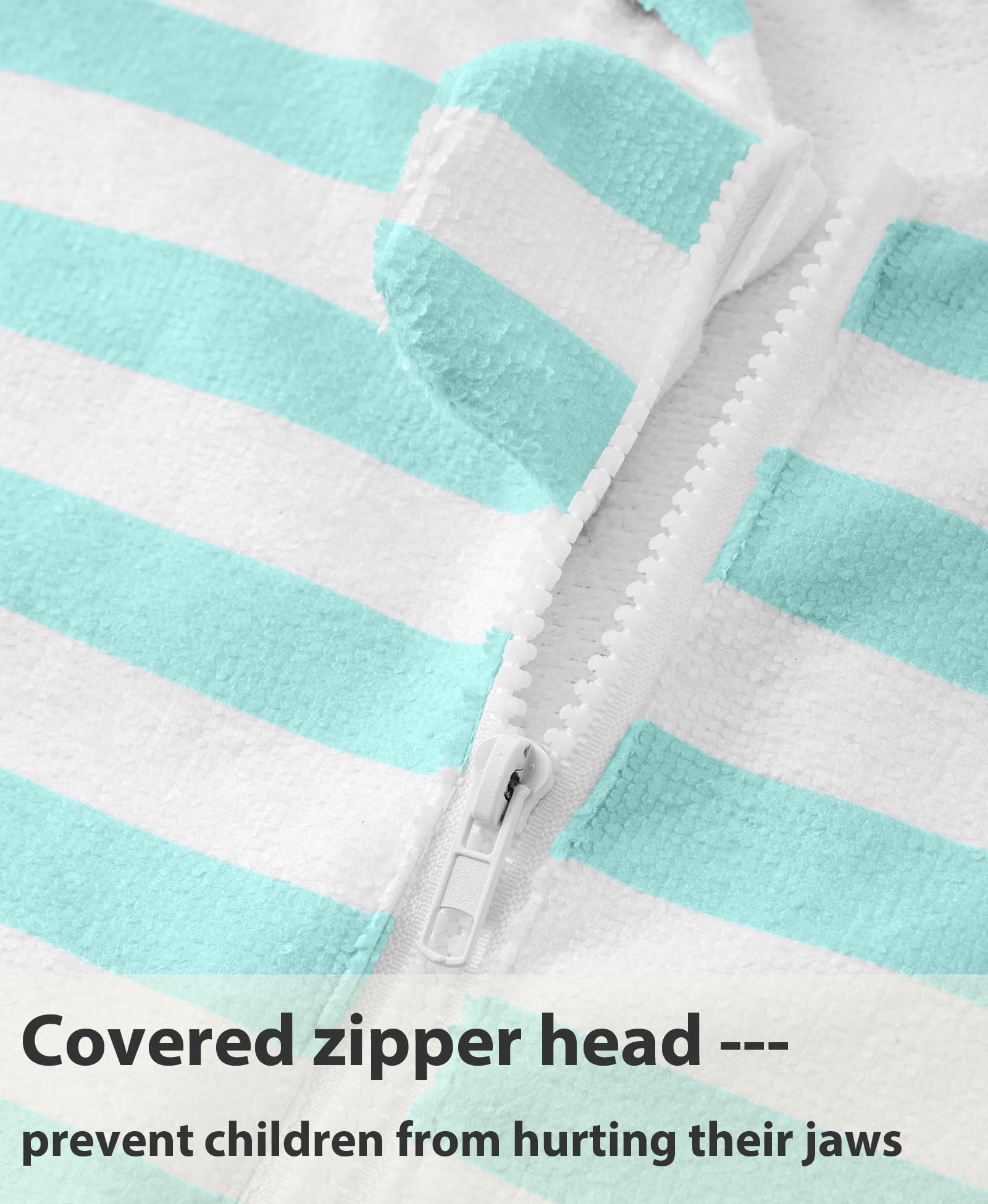 MissShorthair kids hooded towel poncho hood view at the beach emphasizes warm coverage.