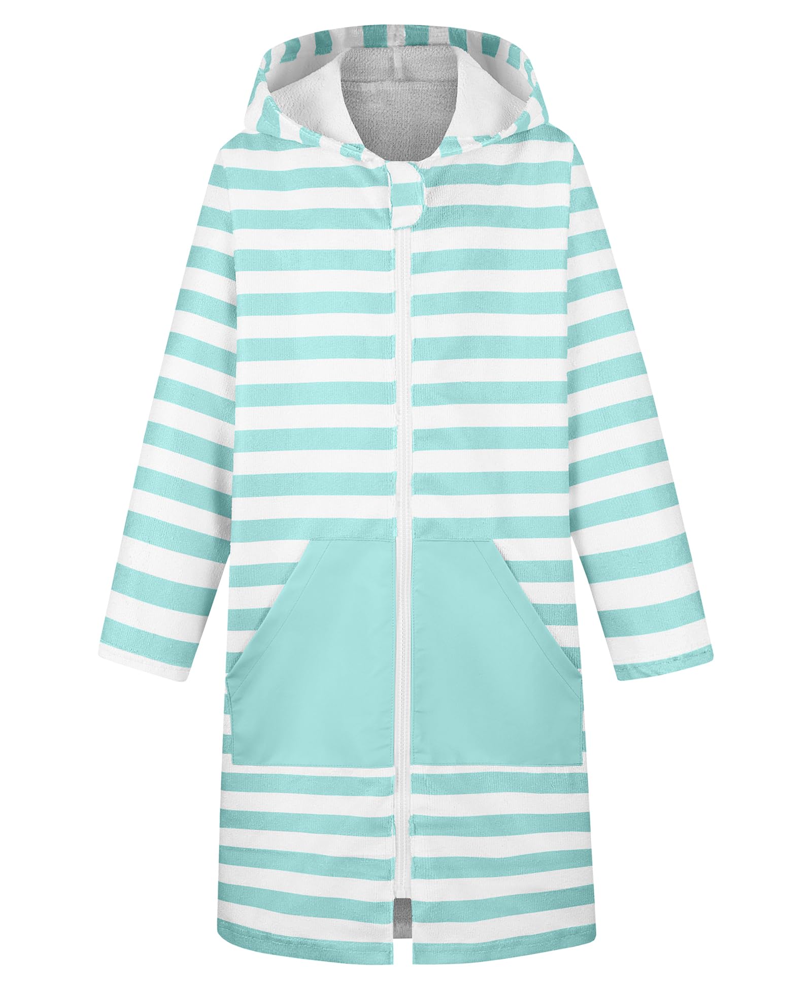 MissShorthair kids hooded towel poncho zipper front detail shows easy on off at pool.