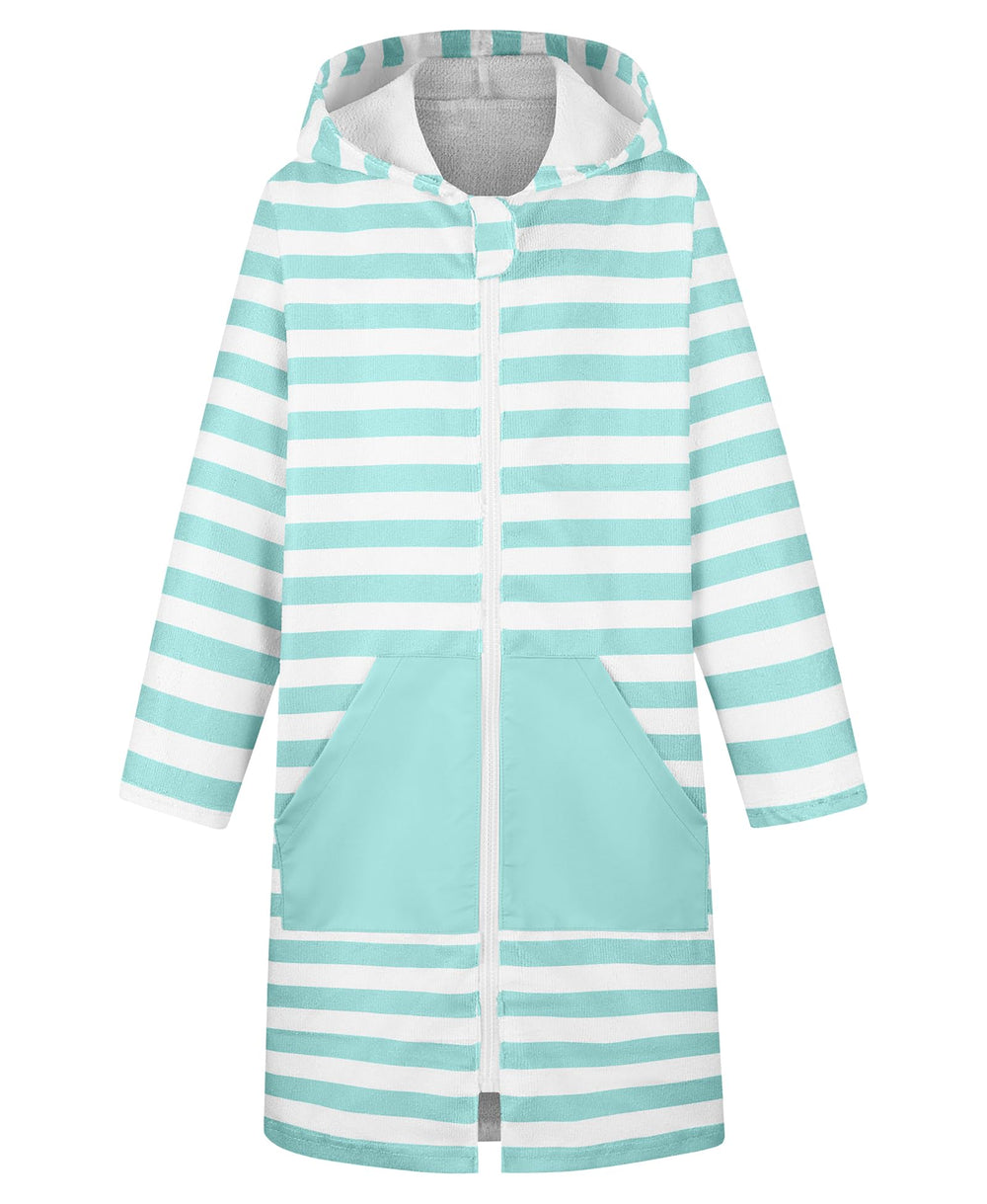 MissShorthair kids hooded towel poncho zipper front detail shows easy on off at pool.