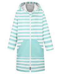 MissShorthair kids hooded towel poncho zipper front detail shows easy on off at pool.