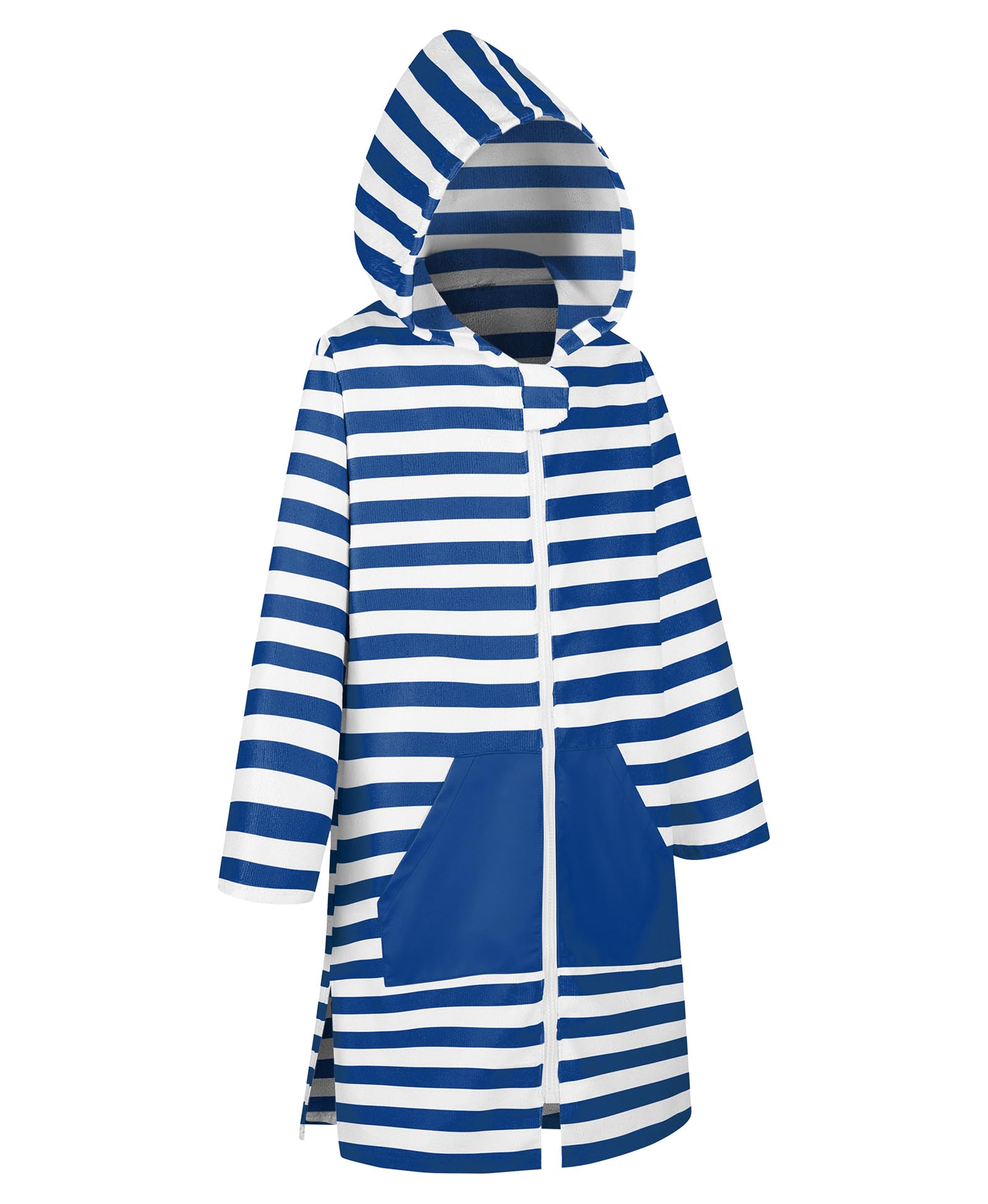 MissShorthair lapis blue hooded towel-poncho offers cozy, quick-dry comfort for kids at the beach.