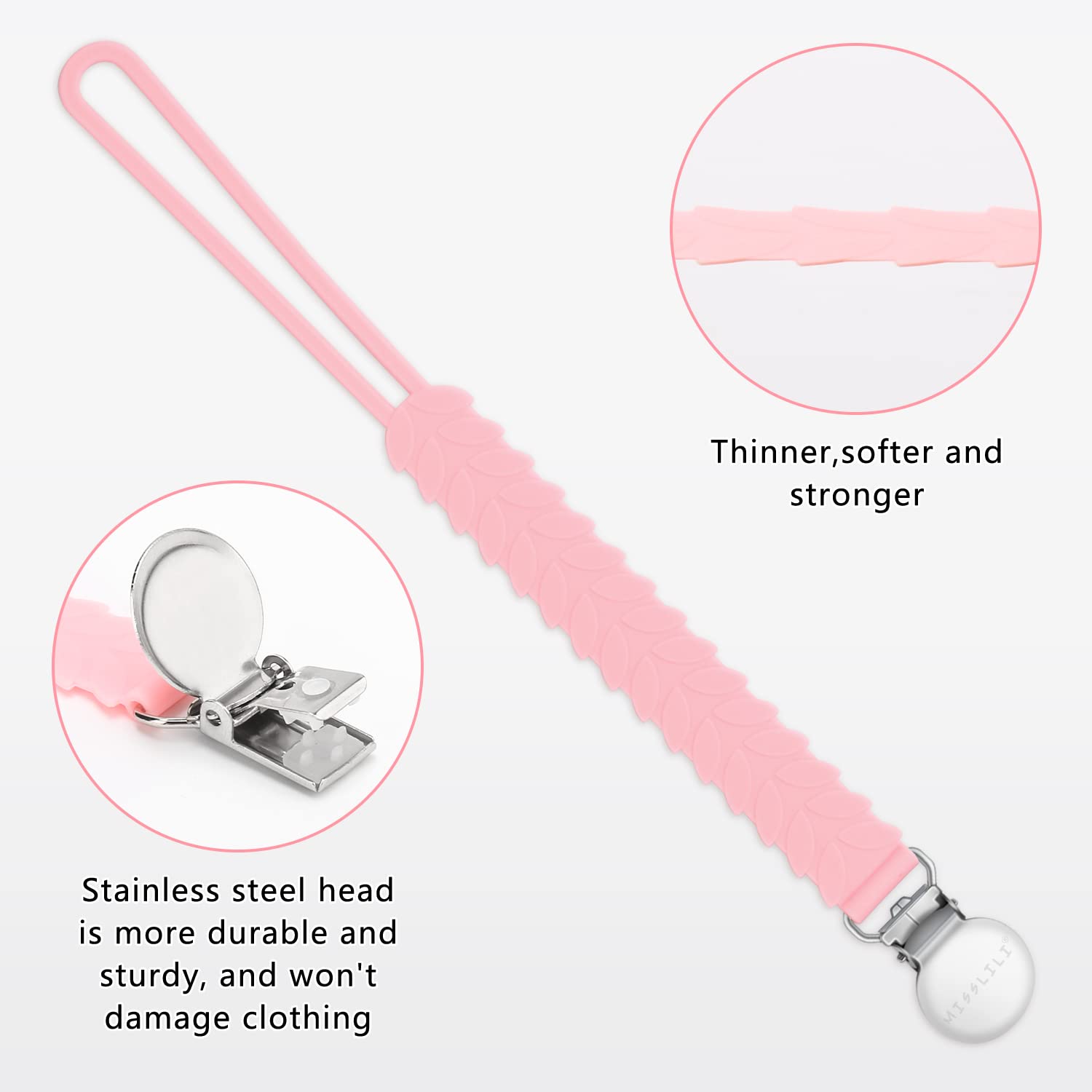 MISSLILI pacifier clip stainless steel detail highlighted for secure attachment.