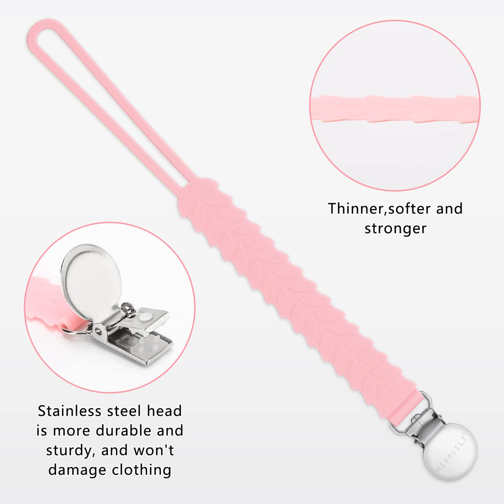 MISSLILI pacifier clip stainless steel detail highlighted for secure attachment.