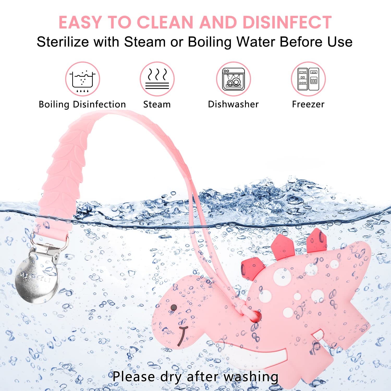 MISSLILI safe and easy-clean teether displayed in dishwasher-safe lifestyle shot.