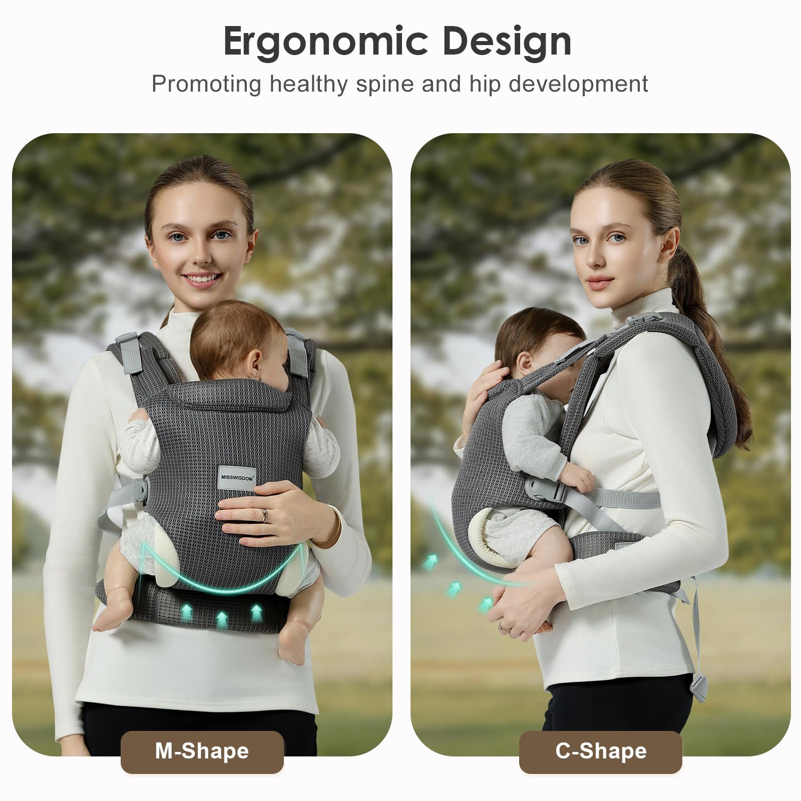 MISSWISDOM baby carrier's breathable mesh fabric keeps baby and parent cool