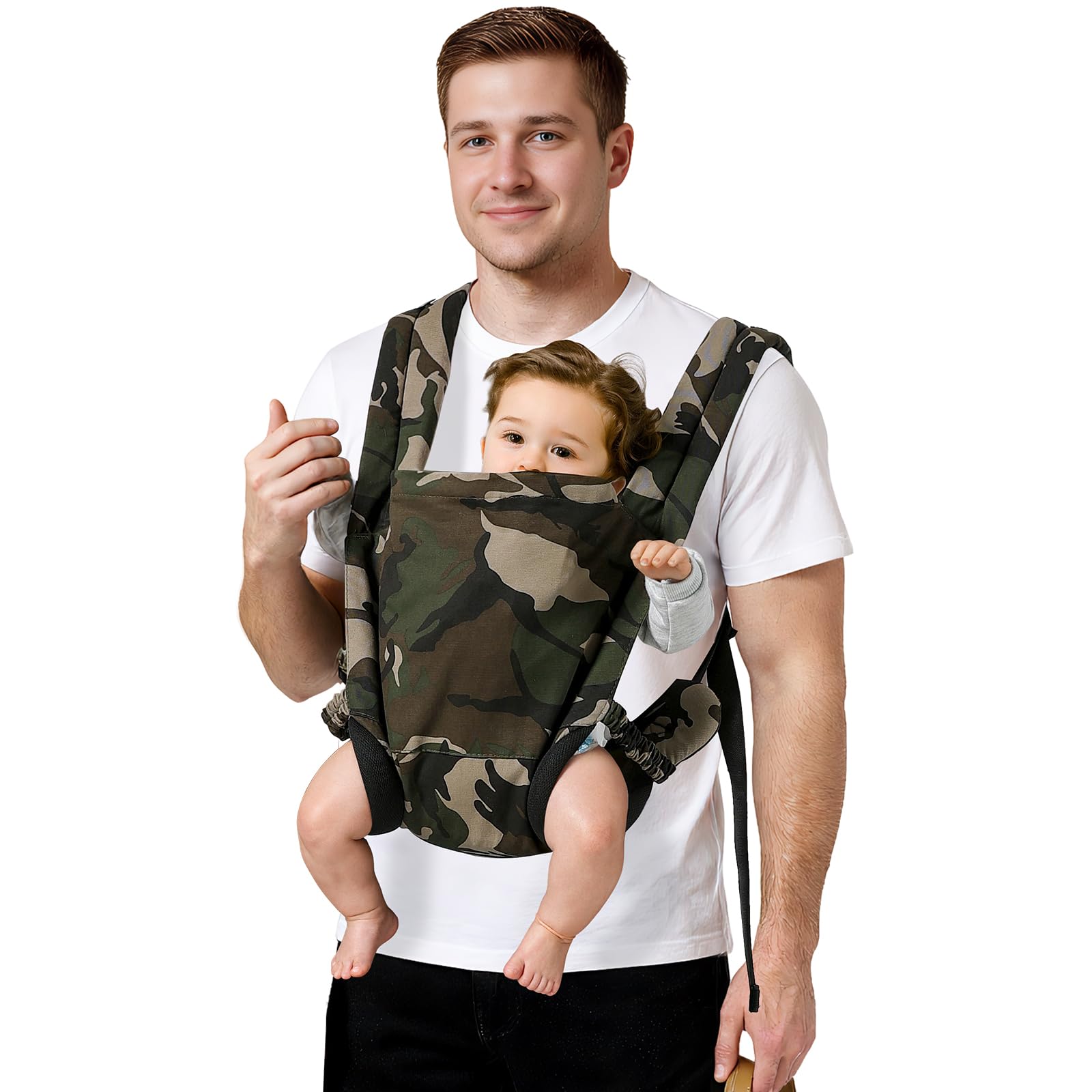 MISSWISDOM camouflage baby carrier front view shows ergonomic M-shape seating for comfort