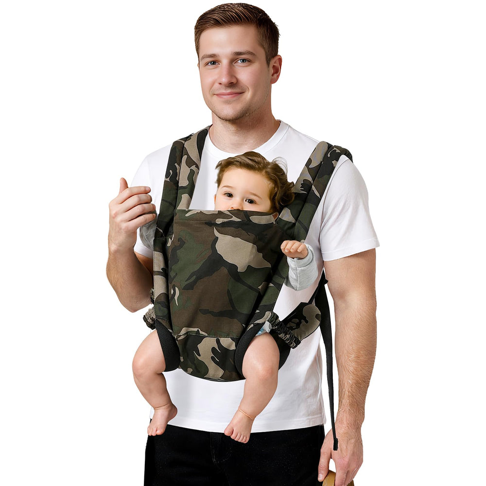 MISSWISDOM camouflage baby carrier front view shows ergonomic M-shape seating for comfort