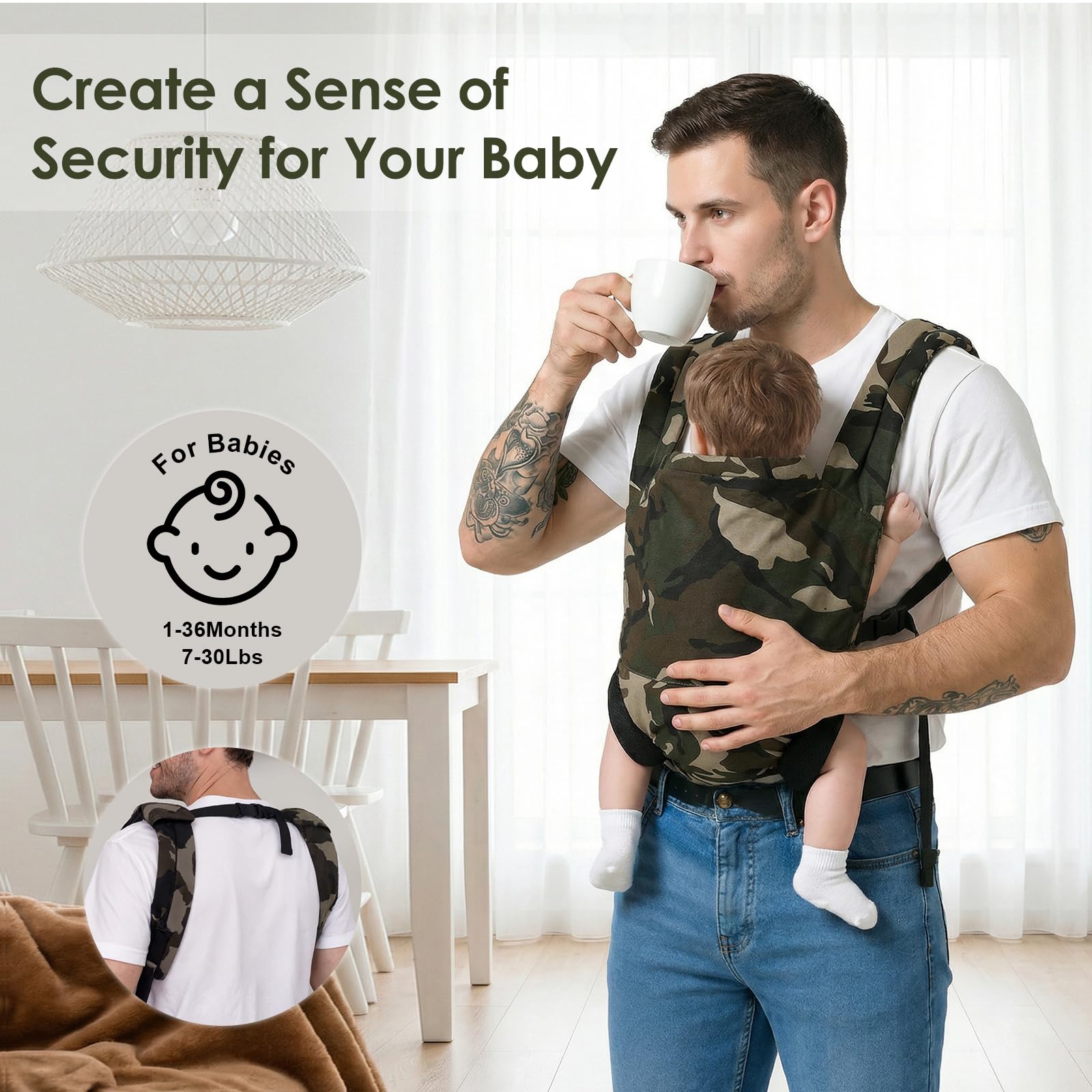 MISSWISDOM camouflage baby carrier side view shows adjustable straps for growth